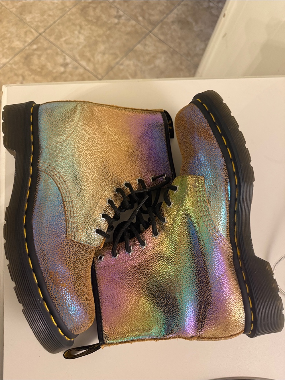 Dr. Martens Iridescent Gold Lace-Up Combat Boots - Picture 2 of 3